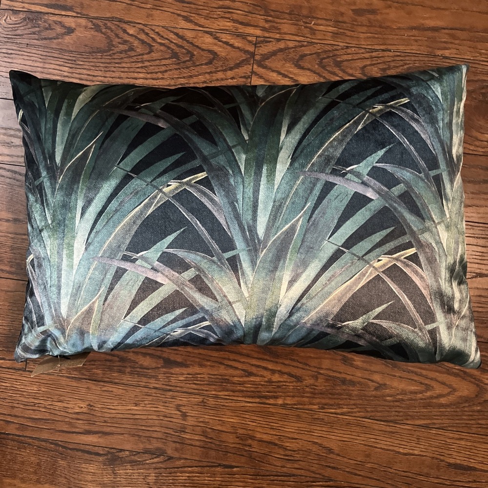 Caldeira Pillow Grass Leaves Black Green Velvety Lumbar Shimmer